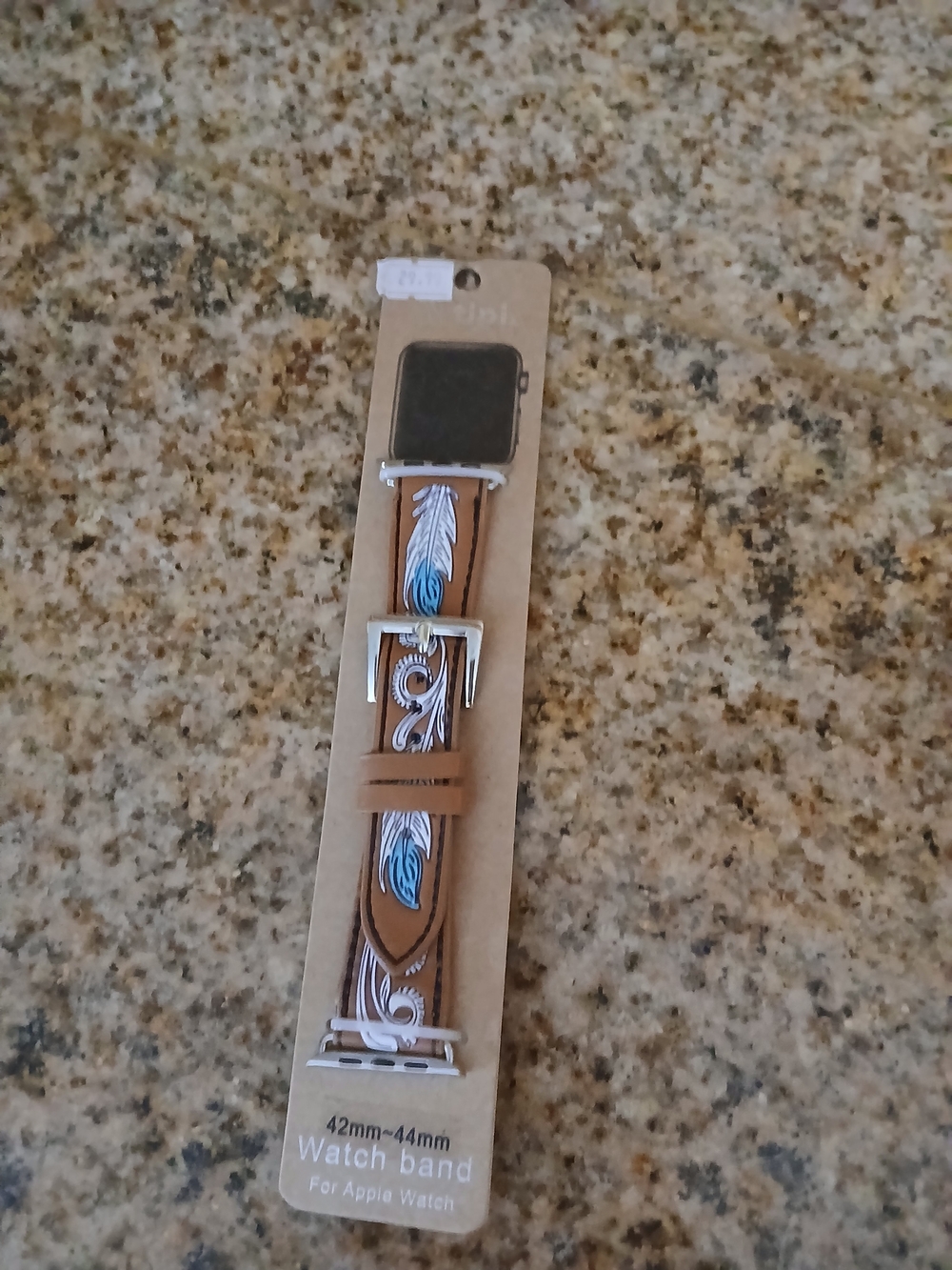 Tan Leather Watch Band with Blue Feather Embroidery for 42-44mm Apple Watch